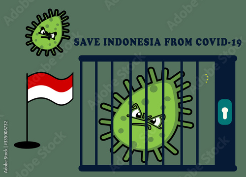 vector illustration of stop covid-19 virus in Indonesia. Ilustration vector a corona virus in prison. 