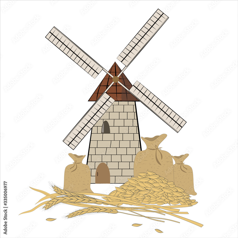 Vector illustration of a mill and bags of wheat with ears. Vector illustration of a mill and bags of wheat with ears.