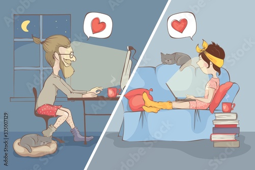 Love in the distance. Young couple chatting online, funny vector illustration. EPS 10.