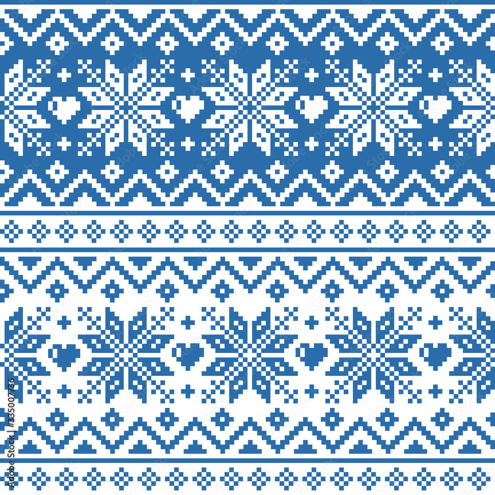 Fototapeta premium Winter, Christmas Fair Isle style traditional knitwear vector seamless geometric pattern with snowflakes, hearts