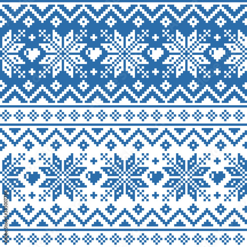 Winter, Christmas Fair Isle style traditional knitwear vector seamless geometric pattern with snowflakes, hearts 