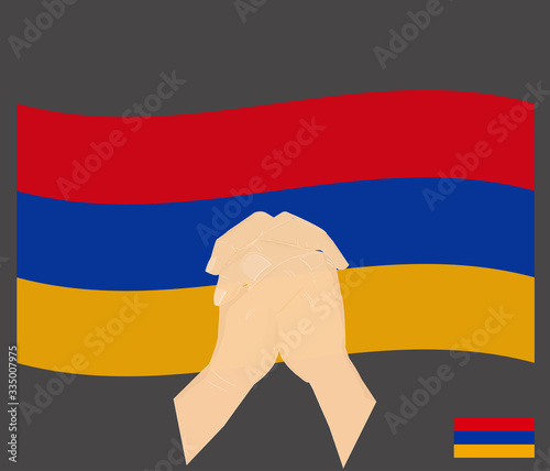 Praying hands with Armenia National Flag, Pray for Armenia, Save Armenian People concept, cartoon graphic, sign symbol background, vector illustration.