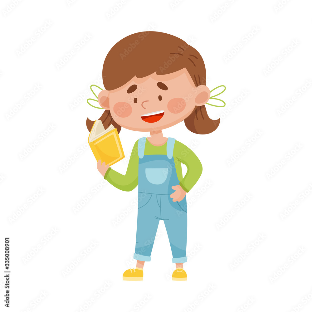 Smiling Girl Standing with Open Book and Reading Vector Illustration Smiling Girl Standing with Open Book and Reading Vector Illustration