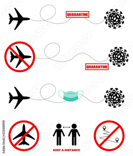 Coronavirus travel bans with COVID-19 virus pandemic icon, 2019-nCoV quarantine, canceled airplane flights