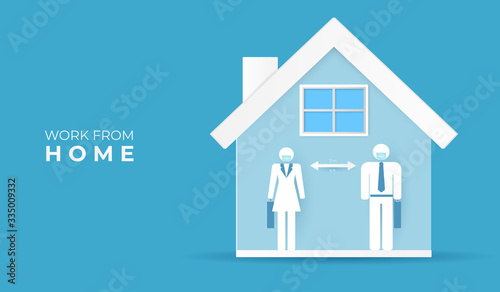 Social distancing and stay home. Work from home avoid spreading corona virus. paper art vector illustration.