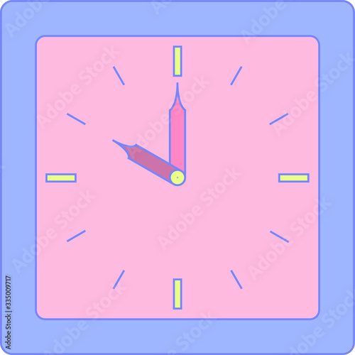 The clock of alarm with purple corpus and rose face or dial. Ten or twenty two hours o'clock