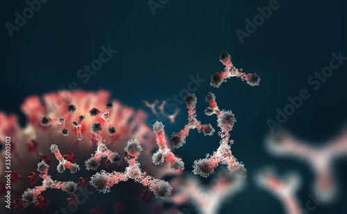 Virus protection. Vaccine search. Antibodies and viral infection. Immune defense of the body. Attack on antigens 3D illustration photo