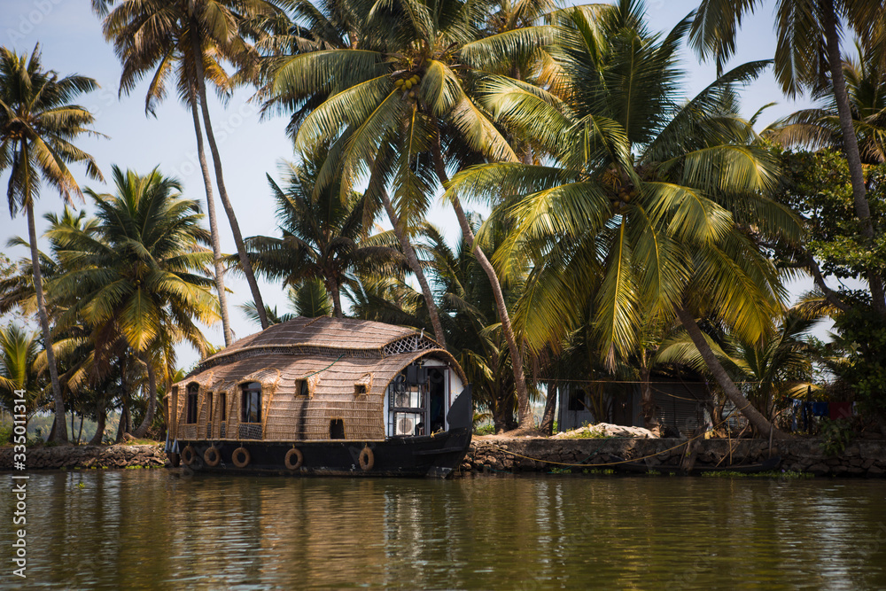 Kerala's landmark is a pleasure boat and house-boat on the seaweed-covered river channels of Allapuzha in India. Boat on the lake in the bright sun among the tropics