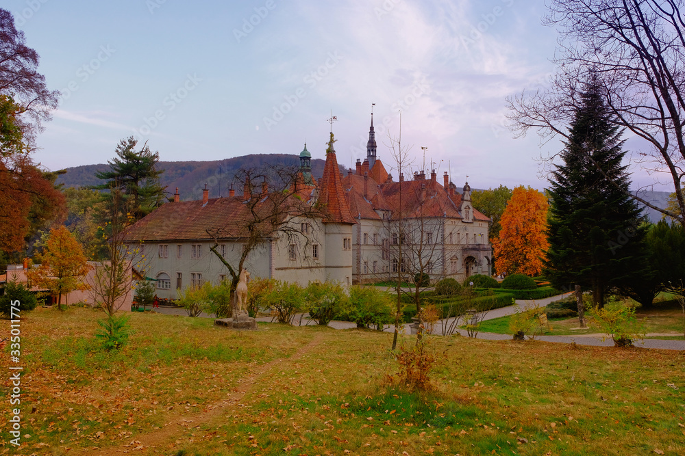 View of Shenborn castle (Beregvar, 1890 - 1895) in Carpaty Village, Western Ukraine, Europe. Shenborn castle - the former residence and the hunting house of the Counts of Schonborn.