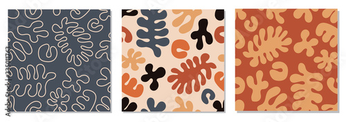 Trendy set of seamless pattern with abstract organic cut out Matisse inspired shapes in neutral colors