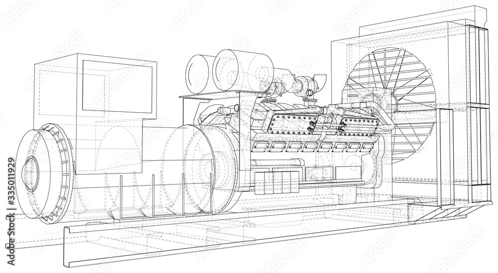 Diesel generator unit for factory. he layers of visible and invisible lines are separated. Wire-frame outline.