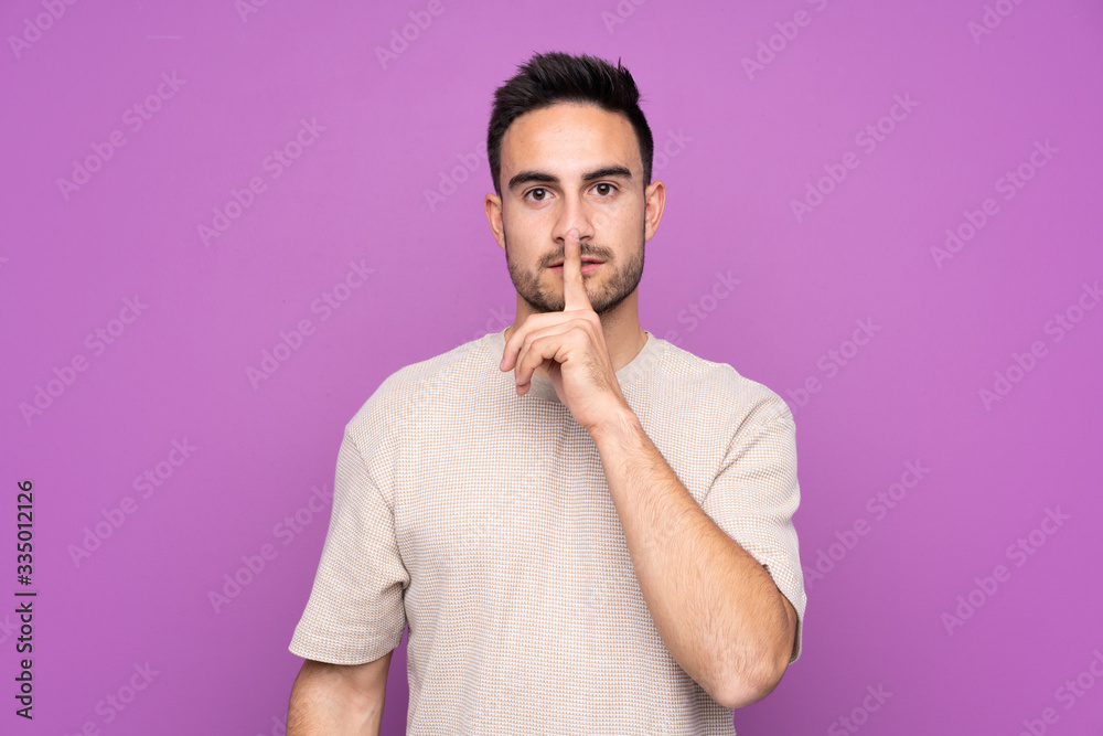 Young handsome man over isolated purple background showing a sign of silence gesture putting finger in mouth Young handsome man over isolated purple background showing a sign of silence gesture putting finger in mouth
