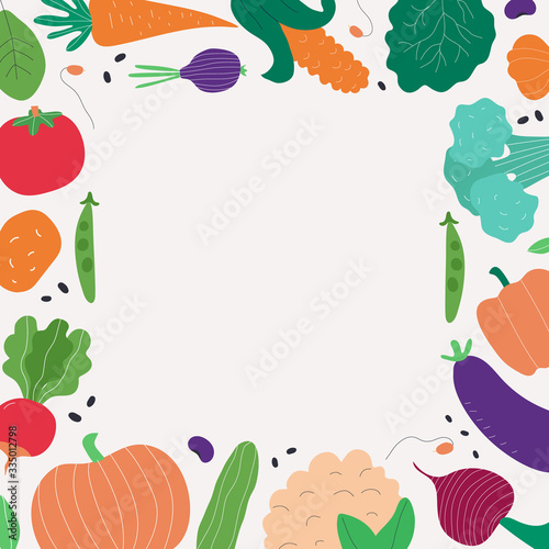 Vegetarian diet for healthy concept. Colorful frame with copy space. Flat vector illustration. 