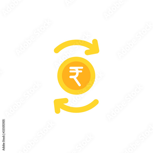 Two gold round arrows with golden rupee coin. Flat icon. Isolated on white.