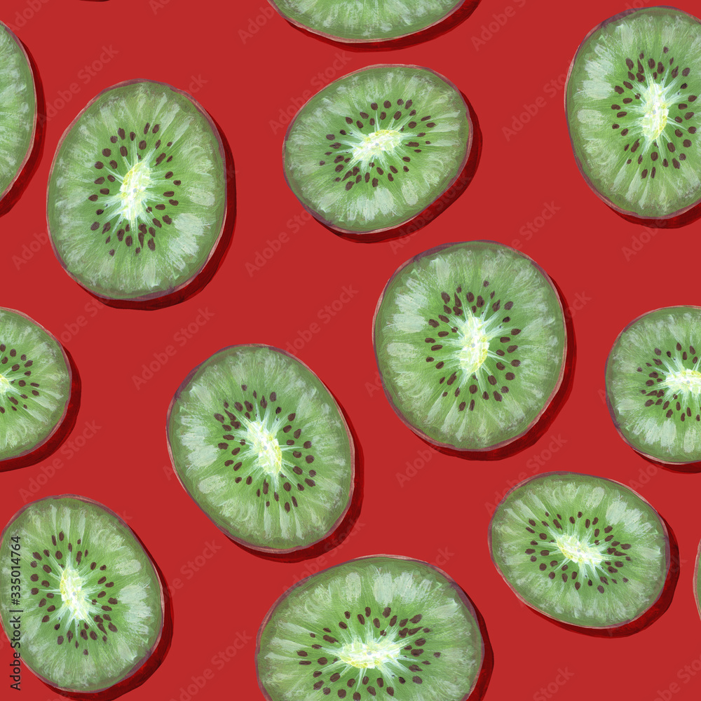 Fototapeta premium Seamless pattern with fruits, kiwi. Design for wallpaper, background, fabric, textile, cafe, restaurant, resort, packaging.