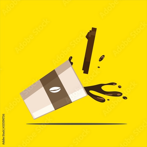 Spilled Coffee splash from paper cup with coffee seed logo, flat vector illustration solated, yellow background