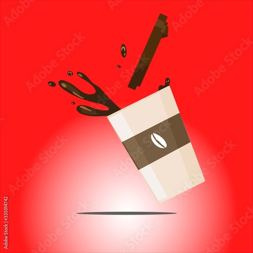 Coffee splash from spilled paper cup with coffee seed logo vector illustration isolated on red background