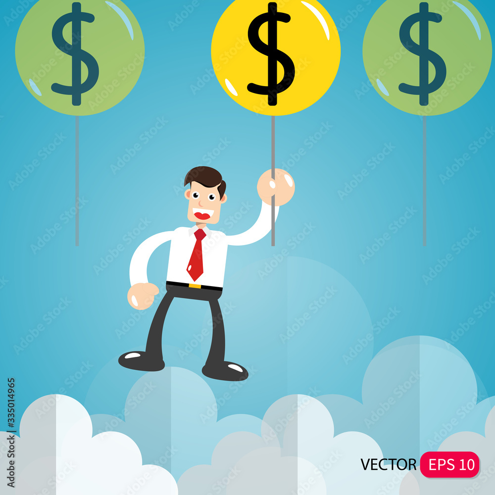 vector graphic flat design young businessman flying with a dollar balloon vector graphic flat design young businessman flying with a dollar balloon