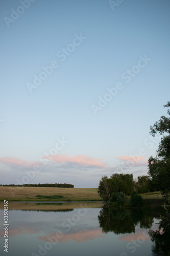 landscape, lake, clouds, tree by the lake, reflection in the water