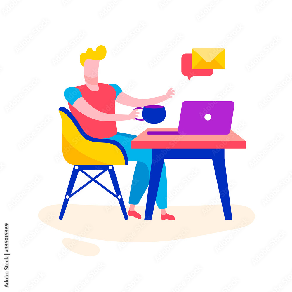 Fototapeta premium Just stay at home. Home office, man working. Freelance, distant job. Coronavirus pandemic self isolation, health care protection. Flat colourful vector illustration icon isolated on white background.