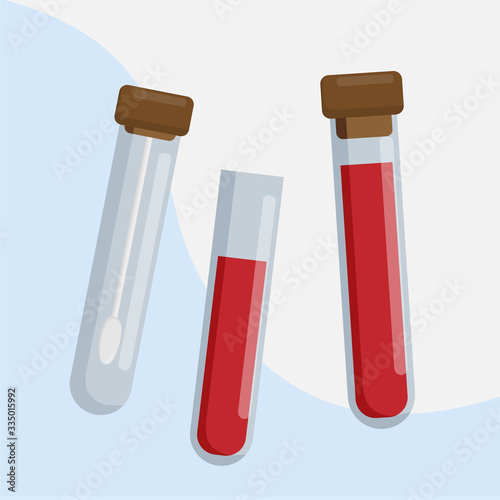 Coronavirus test A test tubes with blood and a cotton swab with saliva. Types of tests for determining viruses. Flat vector illustration.