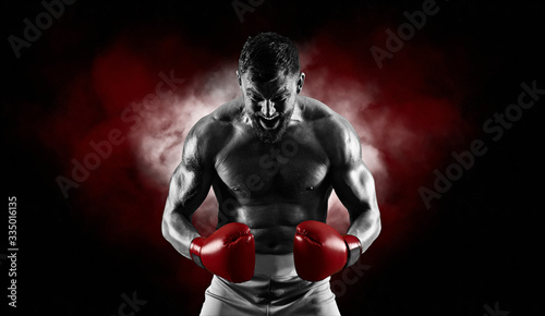 Boxer in red gloves. Sports banner