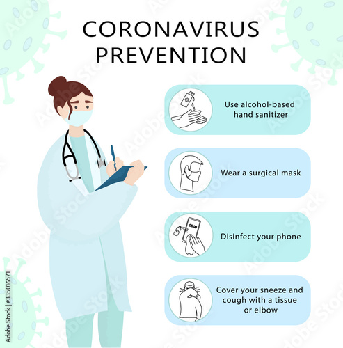 Infographics showing measures to prevent Coronavirus. Female doctor in mask demonstrates the rules of hygiene for covid-19. Sanitizer, disinfecting phone, cough at the elbow. Vector flat illustration.