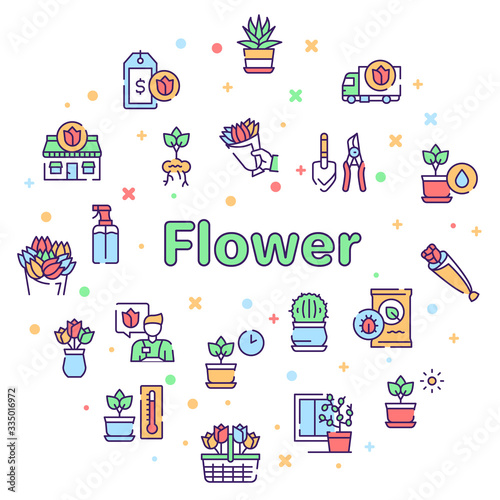 Flowers symbols color linear vector icon set