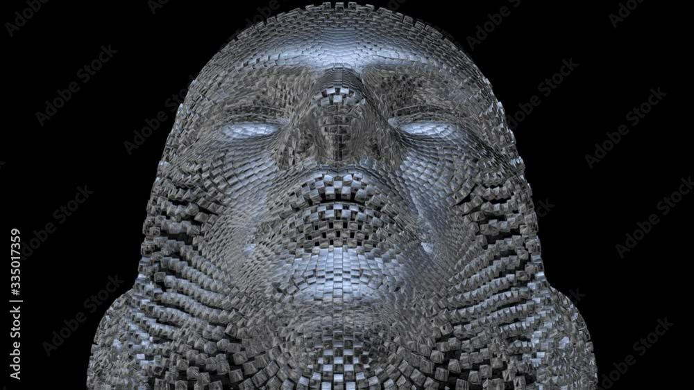 Robotic head made of shiny  chrome cubes. 
Weeping machine . Crying AI . Liquid metal tears streaming downwards . 3d animation