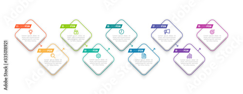 Minimal Business Infographics template. Timeline with 9 steps, options and marketing icons .Vector linear infographic with nine conected elements. Can be use for presentation.