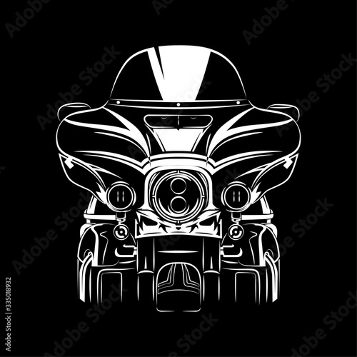 Vector illustration of Ultra Touring motorcycle silhouette on Black background. Can be used for printed on motorcycle club t-shirt, background, banner, posters, icon, web, etc.