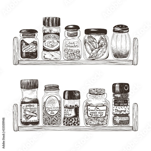 Spices in jars on wooden shelves, thyme, ginger, bay leaf, coriander, cardamom, pepper, oregano, paprika and cinnamon. Vector hand drawn illustration for kitchen decor.