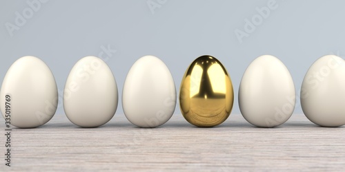 Natural eggs with golden egg on the wooden background. 3d illustration.