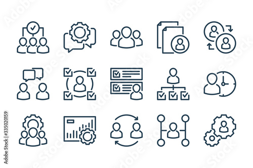 Human resources related line icon set. Recruitment, office management and company structure line vector icons.