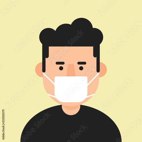 A Man wearing medical masks, protecting themselves against pandemic epidemic infection. Coronavirus - COVID-19, virus contamination, pollution, antivirus. Disposable medical mask icon.
