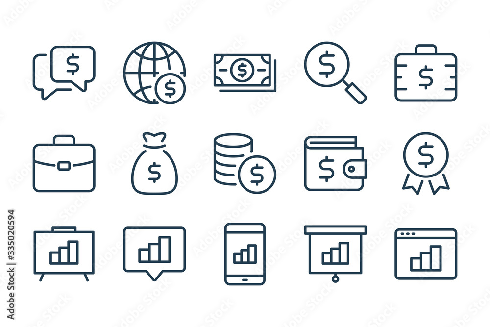 Money and Payment related line icons. Business and Finance vector linear icon set.