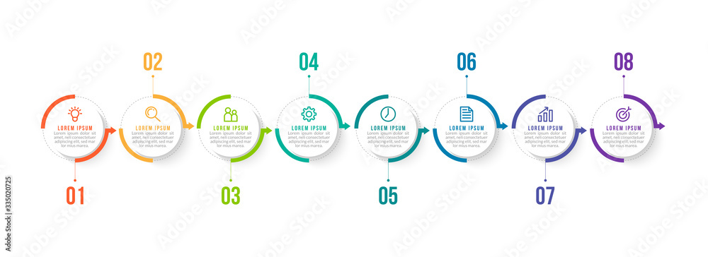 Minimal Business Infographics template. Timeline with 8 steps, options and marketing icons .Vector linear infographic with eight conected elements. Can be use for presentation.