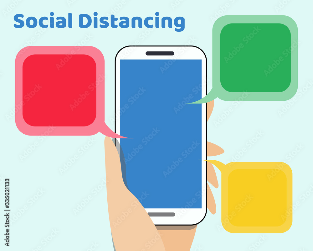 Social Distancing with COVID-19 crisis concept: Close up of Big white smart phone in left hand. Cartoon vector for your design Social Distancing with COVID-19 crisis concept: Close up of Big white smart phone in left hand. Cartoon vector for your design