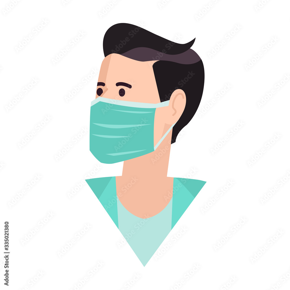 Medical mask. Healthy man in medical protection mask. Caring for health at flu epidemic time. Vector illustration, flat design, cartoon style. Isolated background. Medical mask. Healthy man in medical protection mask. Caring for health at flu epidemic time. Vector illustration, flat design, cartoon style. Isolated background.