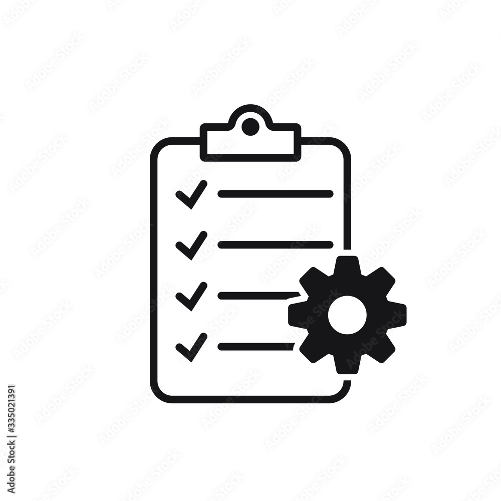Clipboard with gear isolated icon. Technical support check list icon. Management flat icon concept. Software development. Clipboard with gear isolated icon. Technical support check list icon. Management flat icon concept. Software development.