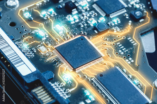 Close-up electronic circuit board. technology style concept. photo