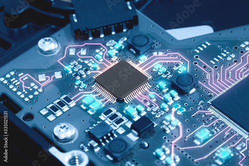 Close-up electronic circuit board. technology style concept. photo