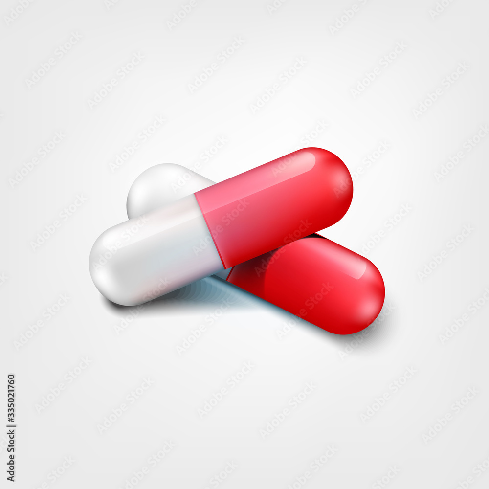 Two capsule pills white and red color isolated on white background. One open and close. Background for pharmacy shop or drugstore. Element of vector design for medical or pharmaceutics concept
Two capsule pills white and red color isolated on white background. One open and close. Background for pharmacy shop or drugstore. Element of vector design for medical or pharmaceutics concept