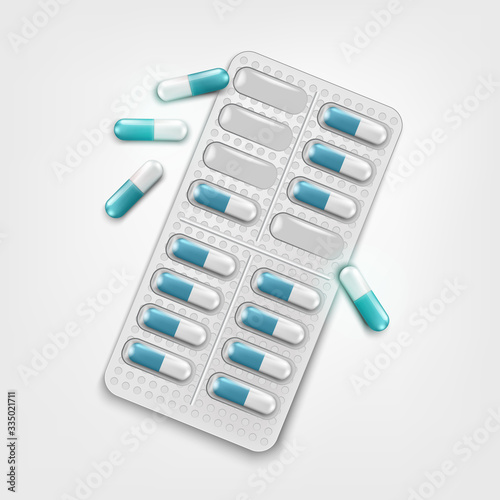 blue capsule pills in plastic blister. Two-piece hard capsules pharmaceutical packs on white background. Vector illustration
