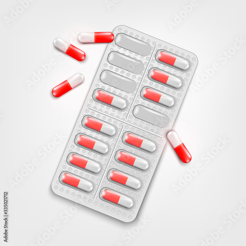 red capsule pills in plastic blister. Two-piece hard capsules pharmaceutical packs on white background. Vector illustration