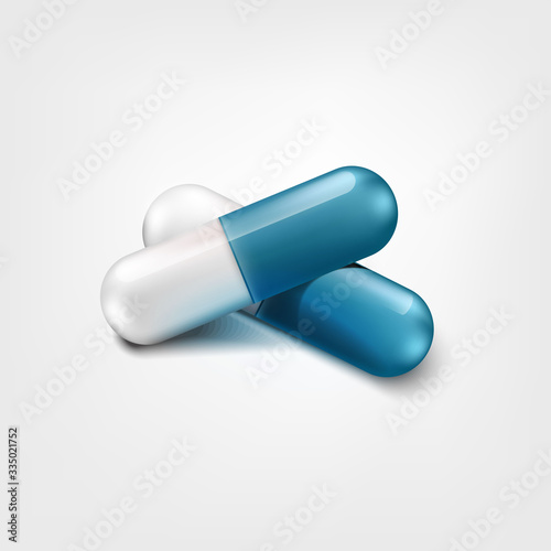 Two capsule pills white and blue color isolated on white background. Background for pharmacy shop or drugstore. Element of vector design for medical or pharmaceutics concept