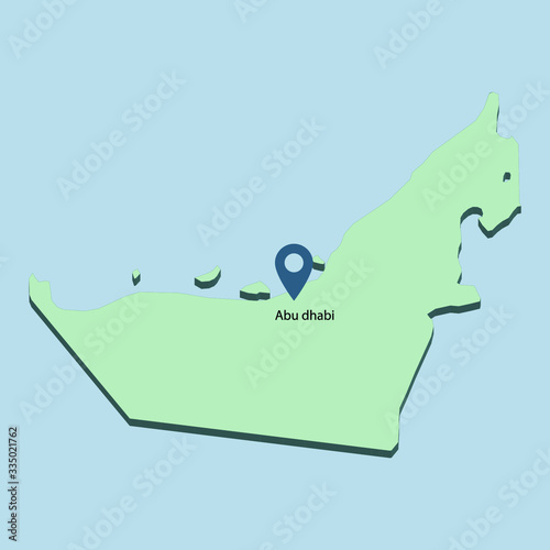 3D Map of the United Arab Emirates (UAE) with pin pointing to the capital Abu dhabi