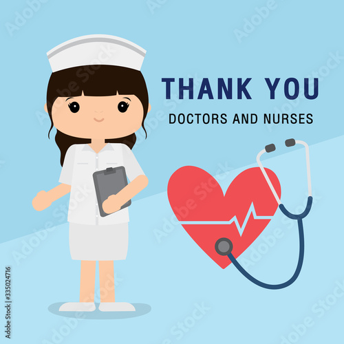 Doctor cartoon character. Thank you doctors and nurses working in the hospital and fighting the coronavirus, Covid-19 Wuhan Virus Disease Vector illustration.