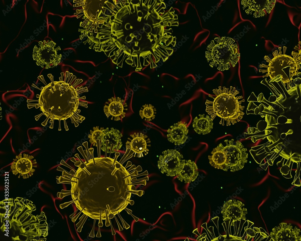 green and yellow corona covid viruses floats cgi render 3d