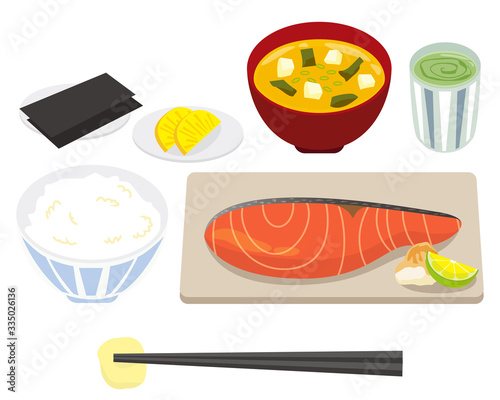 鮭　さけの切り身　サーモン　ベクター　ご飯　朝食　定食　味噌汁